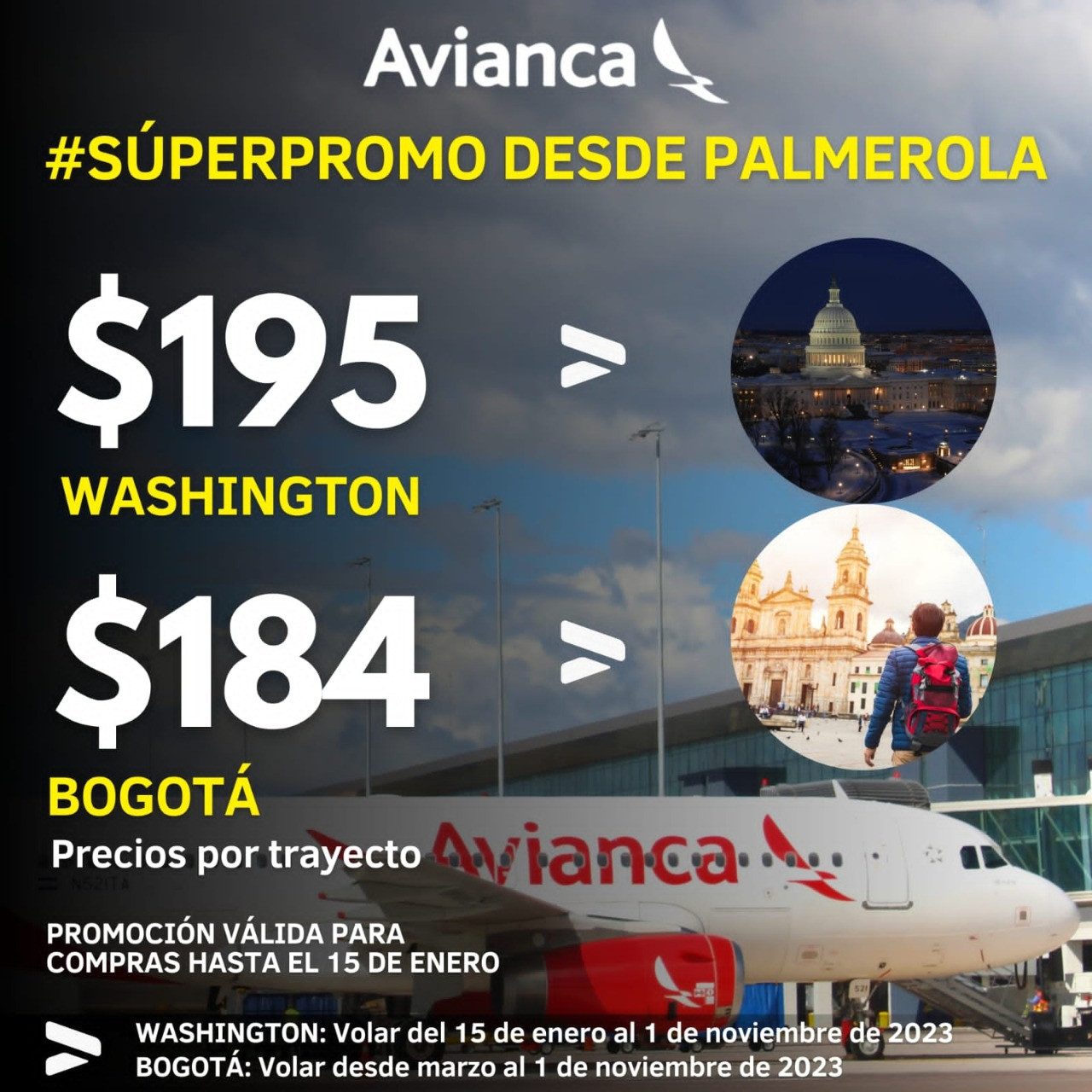 Palmerola: Avianca lanza promoción de vuelos a Washington a $195 y a Bogotá a $184 por trayecto